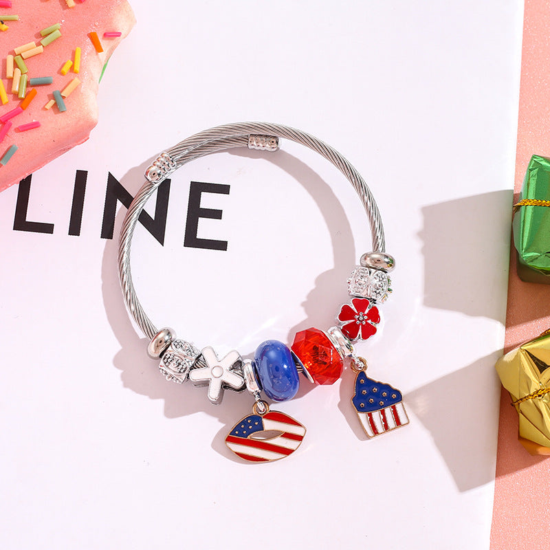 Wholesale American Flag Love Balloon Pendant Stainless Steel Beaded Bracelet